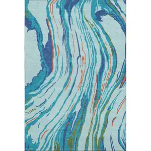 Photo of Blue Orange And Green Abstract Washable Area Rug With UV Protection