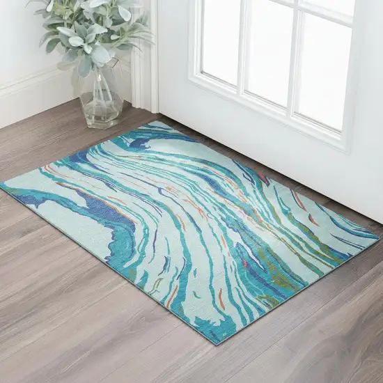 Blue Orange And Green Abstract Washable Area Rug With UV Protection Photo 2