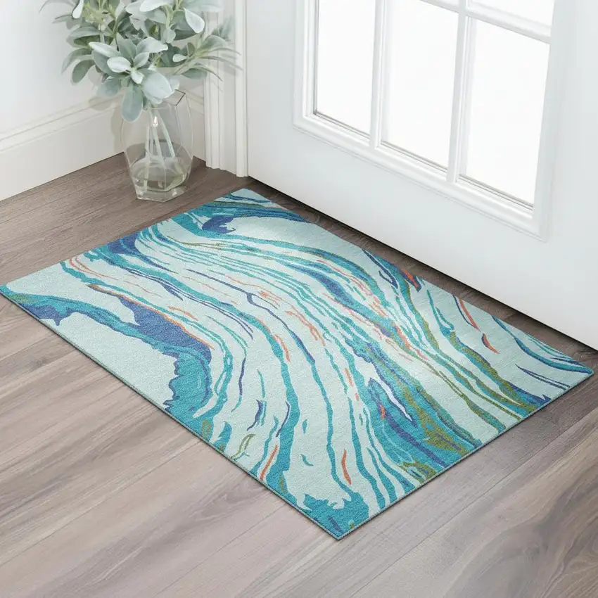 Blue Orange And Green Abstract Washable Area Rug With UV Protection Photo 2