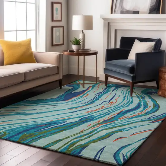 Blue Orange And Green Abstract Washable Area Rug With UV Protection Photo 4