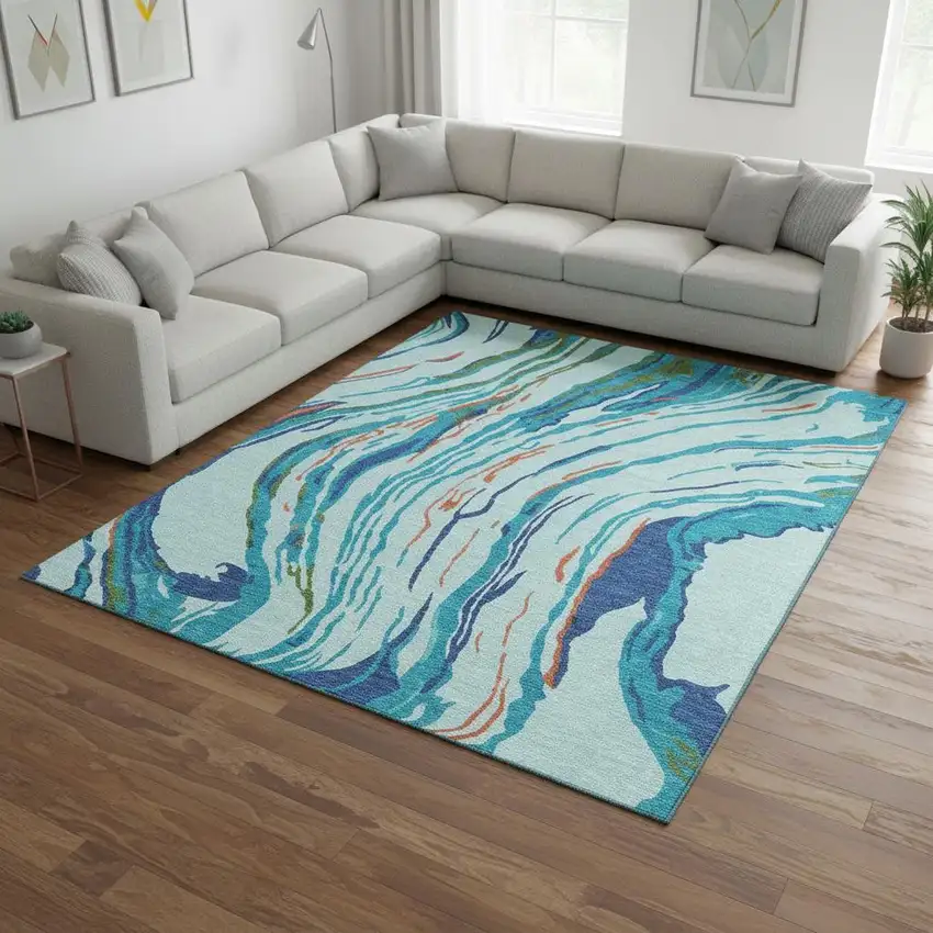 Blue Orange And Green Abstract Washable Area Rug With UV Protection Photo 2