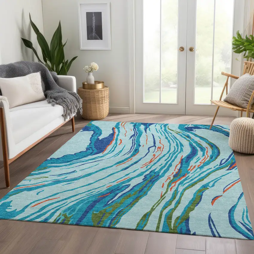 Blue Orange And Green Abstract Washable Area Rug With UV Protection Photo 5