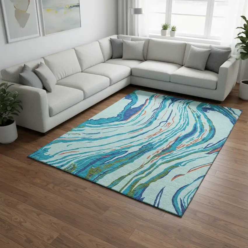 Blue Orange And Green Abstract Washable Area Rug With UV Protection Photo 2