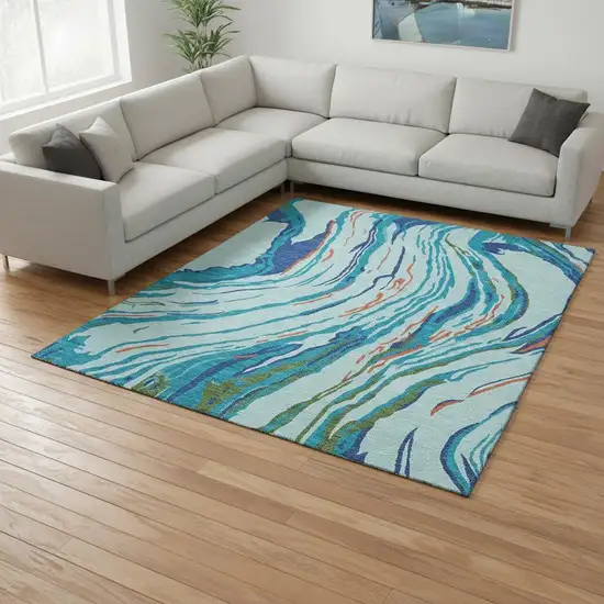 Blue Orange And Green Abstract Washable Area Rug With UV Protection Photo 2