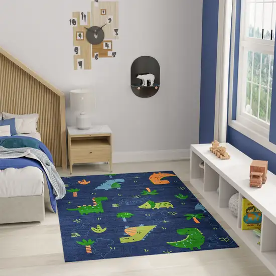 Blue Orange And Green Dinosaurs Youthful Washable Area Rug Photo 6