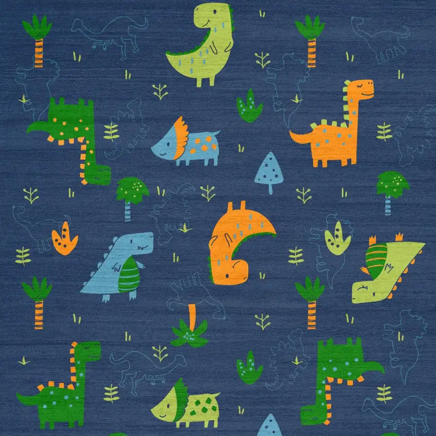 Blue Orange And Green Dinosaurs Youthful Washable Area Rug Photo 7