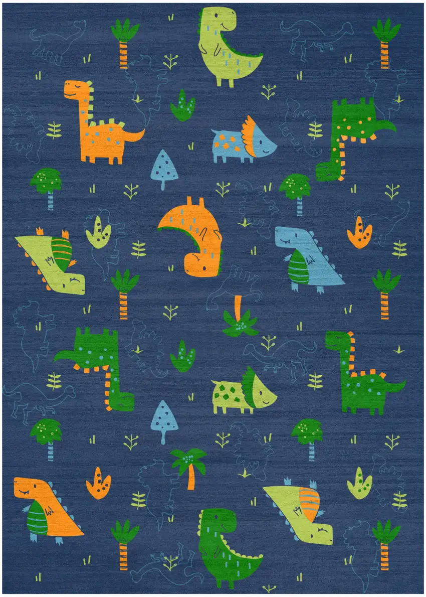 Blue Orange And Green Dinosaurs Youthful Washable Area Rug Photo 8