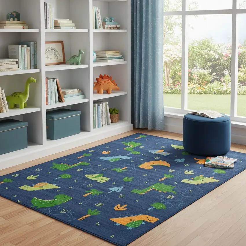 Blue Orange And Green Dinosaurs Youthful Washable Area Rug Photo 1
