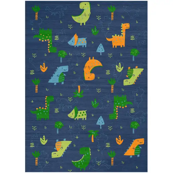 Blue Orange And Green Dinosaurs Youthful Washable Area Rug Photo 2