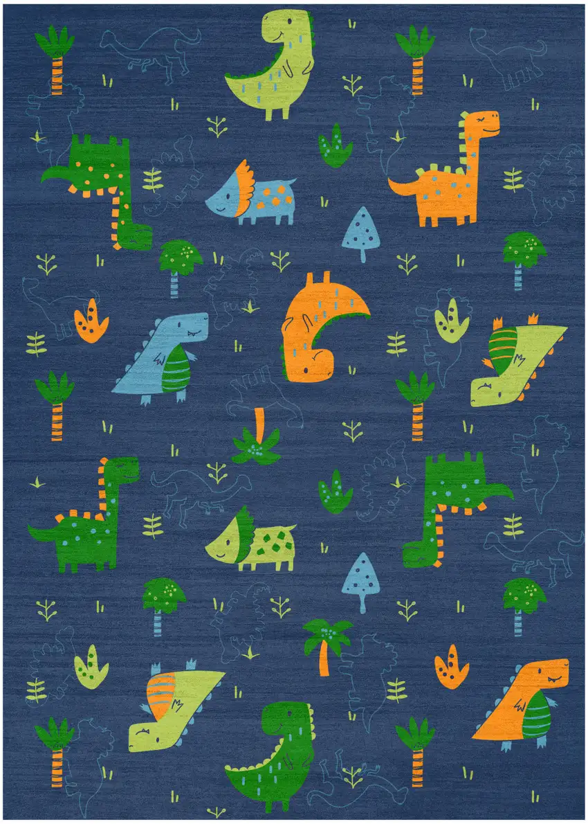 Blue Orange And Green Dinosaurs Youthful Washable Area Rug Photo 2