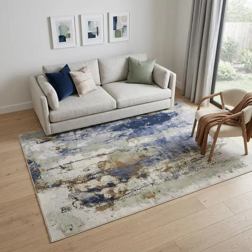 Blue Orange And Ivory Abstract Power Loom Area Rug Photo 1