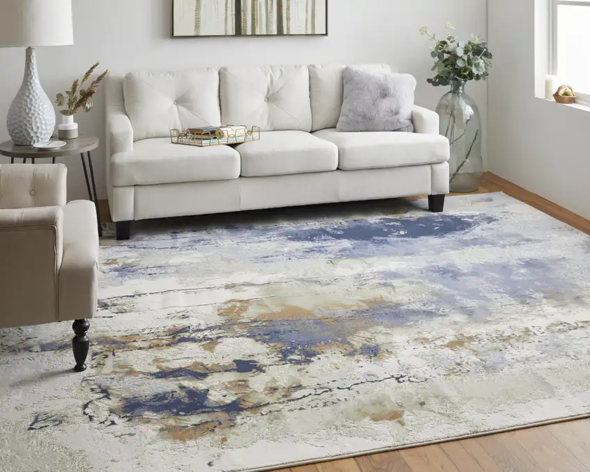 Blue Orange And Ivory Abstract Power Loom Area Rug Photo 6