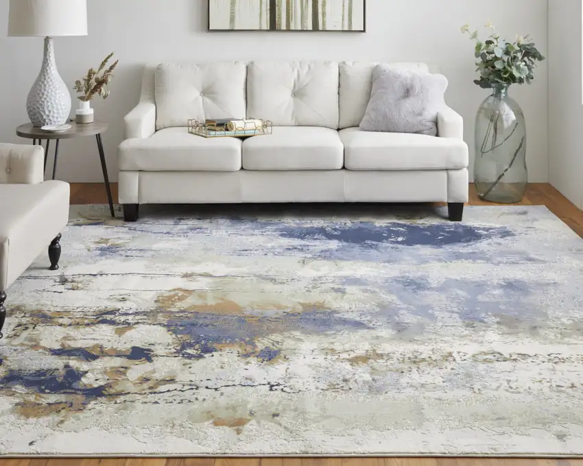 Blue Orange And Ivory Abstract Power Loom Area Rug Photo 7