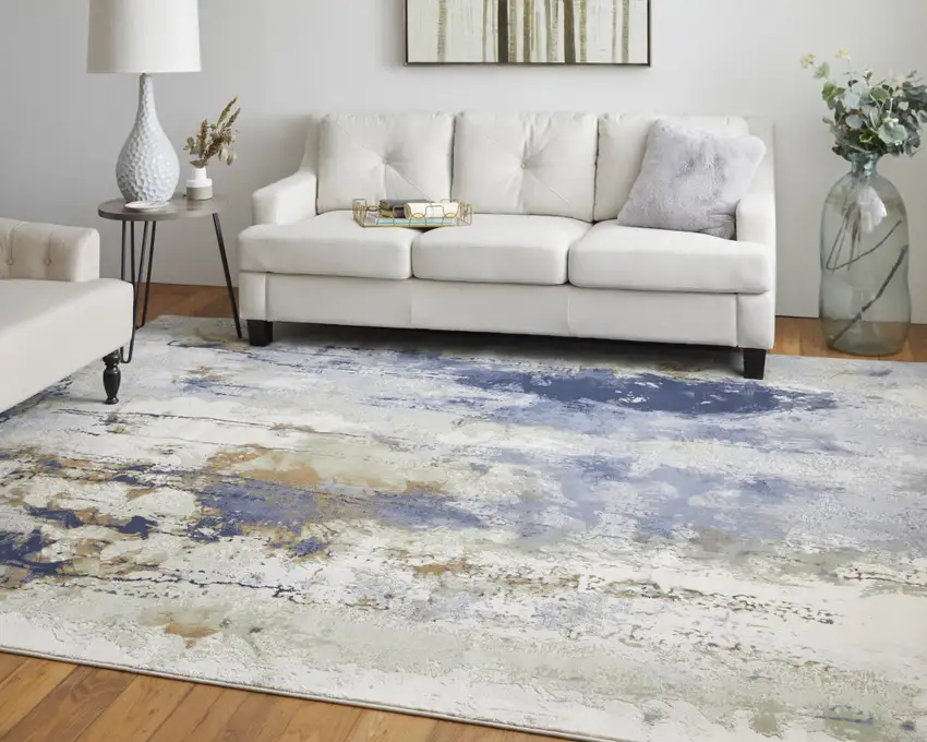 Blue Orange And Ivory Abstract Power Loom Area Rug Photo 8