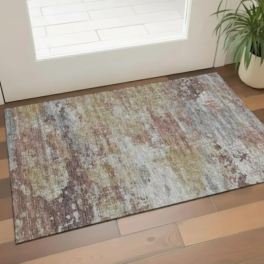 Blue Orange And Ivory Abstract Washable Area Rug With UV Protection Photo 2