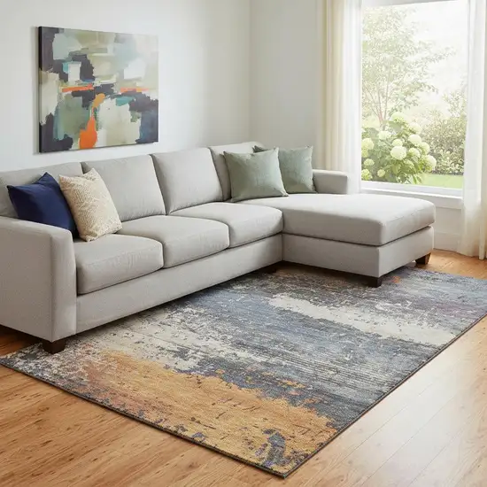 Blue Orange And Ivory Abstract Washable Area Rug With UV Protection Photo 2