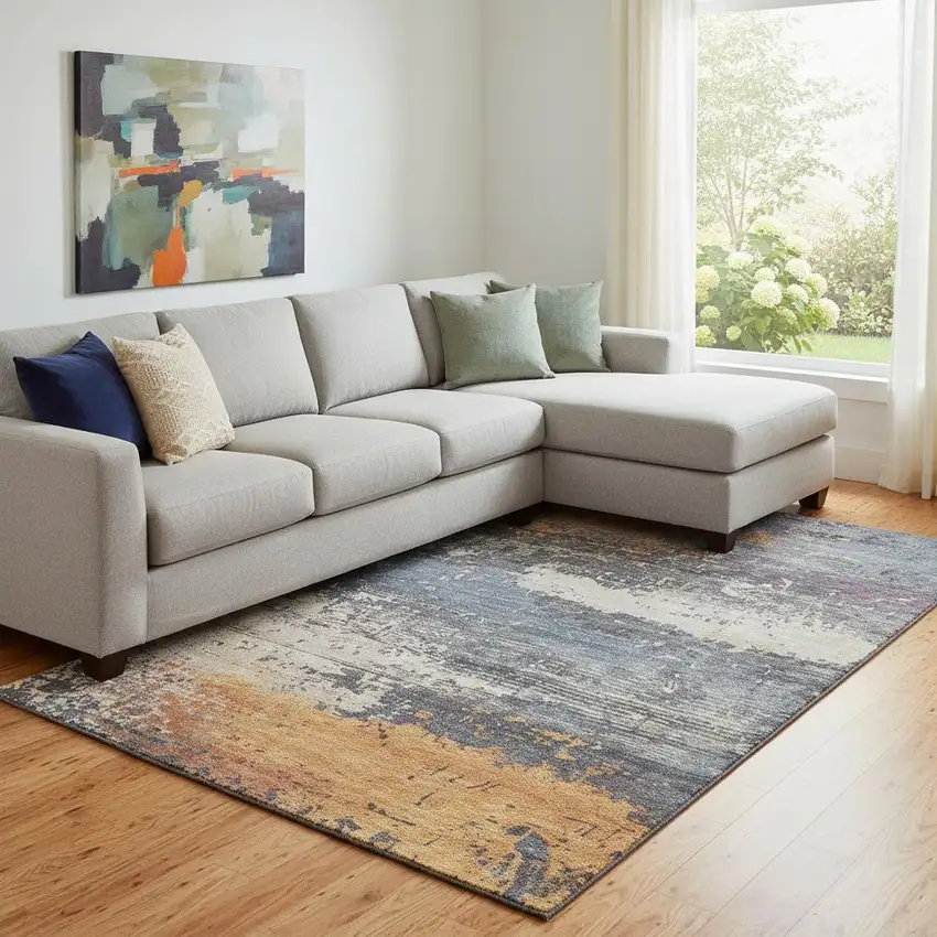 Blue Orange And Ivory Abstract Washable Area Rug With UV Protection Photo 2