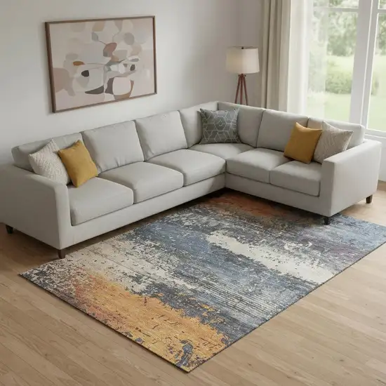 Blue Orange And Ivory Abstract Washable Area Rug With UV Protection Photo 2