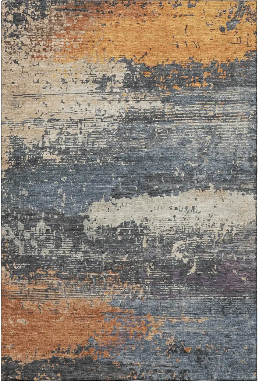 Blue Orange And Ivory Abstract Washable Area Rug With UV Protection Photo 2
