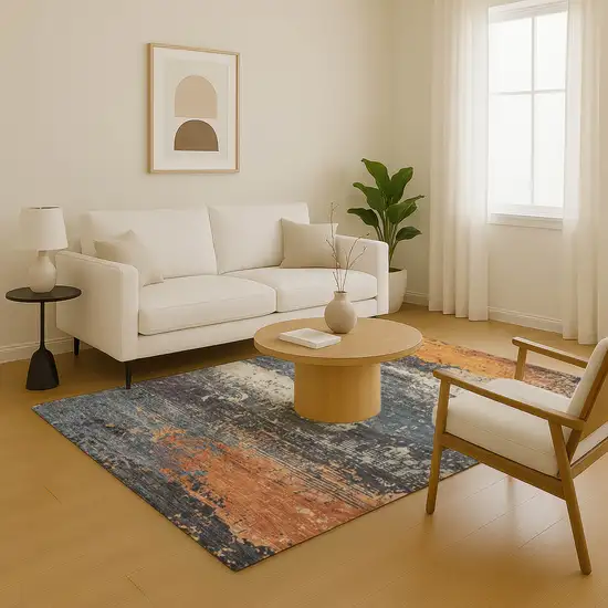 Blue Orange And Ivory Abstract Washable Area Rug With UV Protection Photo 4