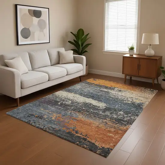 Blue Orange And Ivory Abstract Washable Area Rug With UV Protection Photo 3