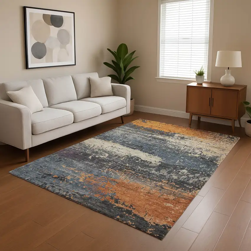 Blue Orange And Ivory Abstract Washable Area Rug With UV Protection Photo 3