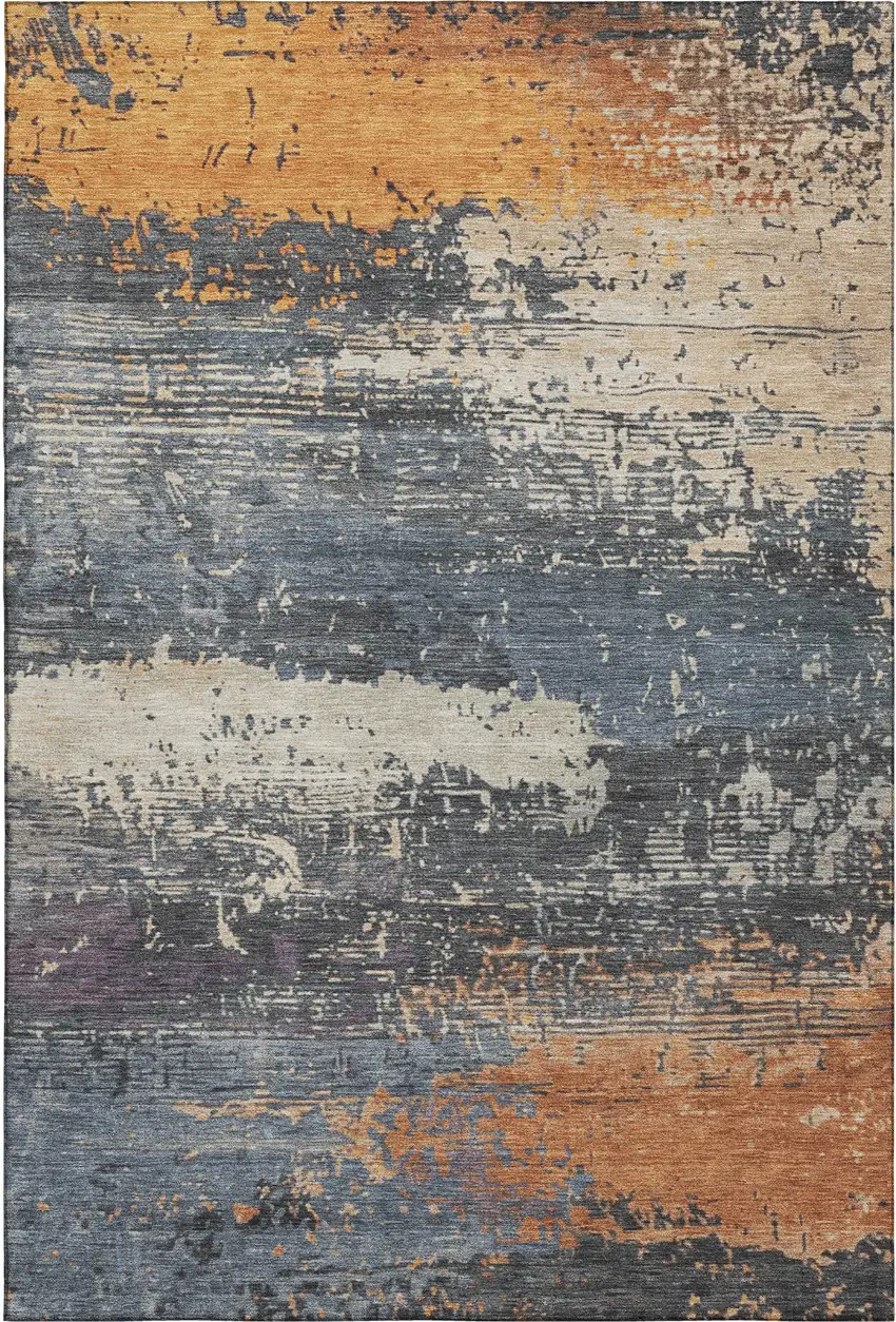 Blue Orange And Ivory Abstract Washable Area Rug With UV Protection Photo 1