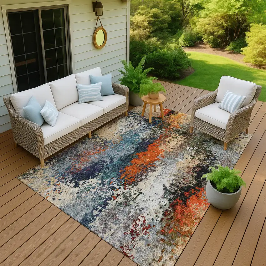 Blue Orange And Ivory Abstract Washable Indoor Outdoor Area Rug Photo 8