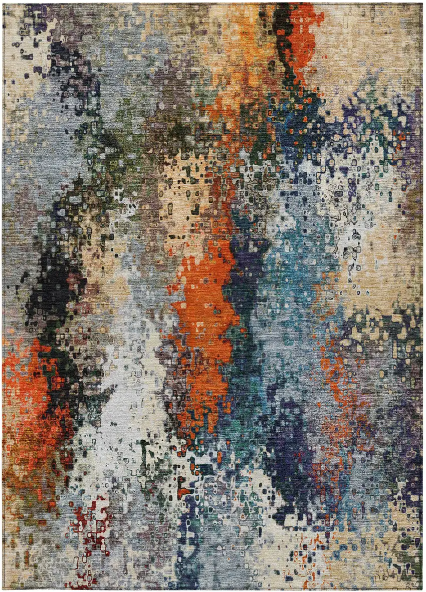 Blue Orange And Ivory Abstract Washable Indoor Outdoor Area Rug Photo 4
