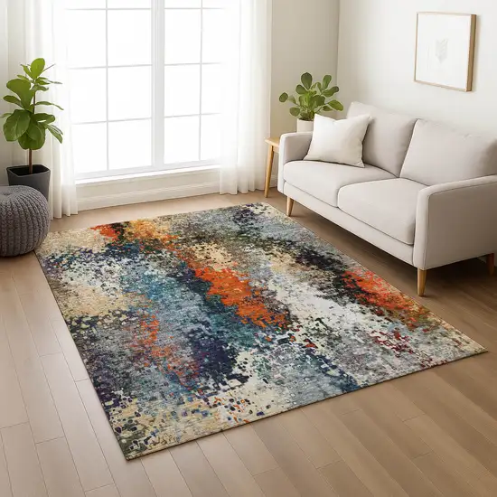 Blue Orange And Ivory Abstract Washable Indoor Outdoor Area Rug Photo 9