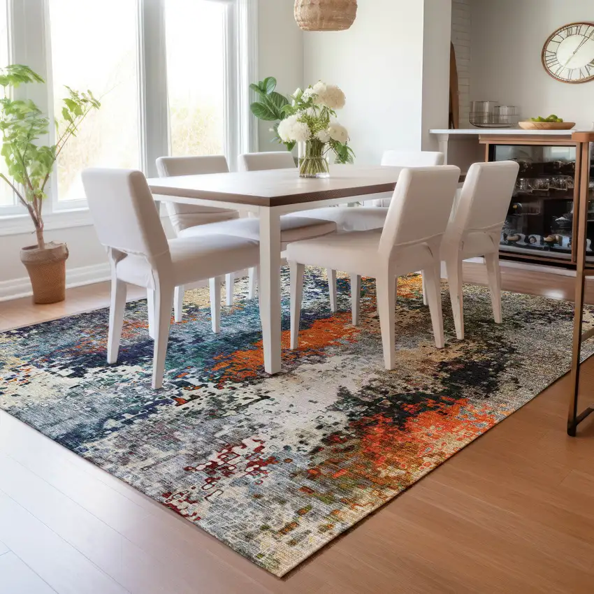 Blue Orange And Ivory Abstract Washable Indoor Outdoor Area Rug Photo 9