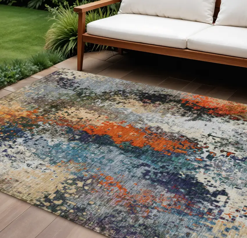 Blue Orange And Ivory Abstract Washable Indoor Outdoor Area Rug Photo 1