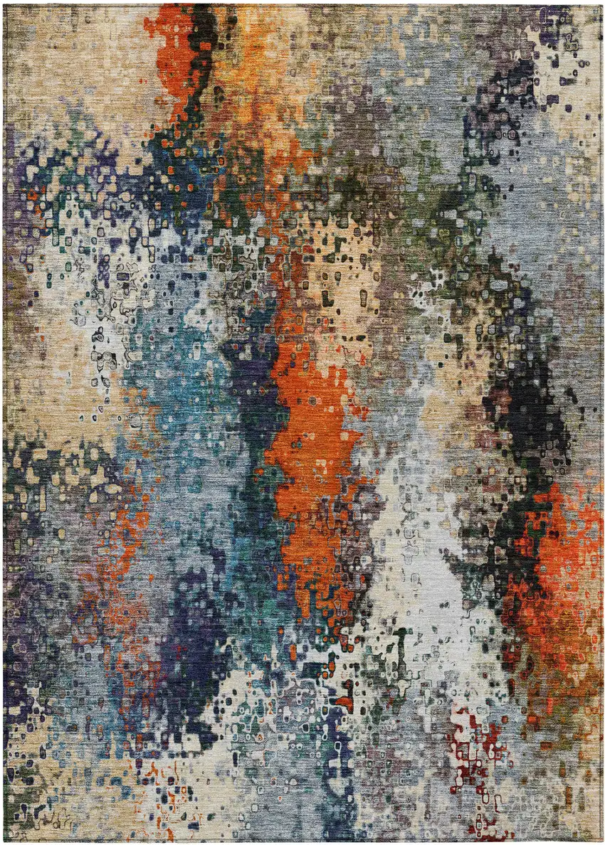 Blue Orange And Ivory Abstract Washable Indoor Outdoor Area Rug Photo 2