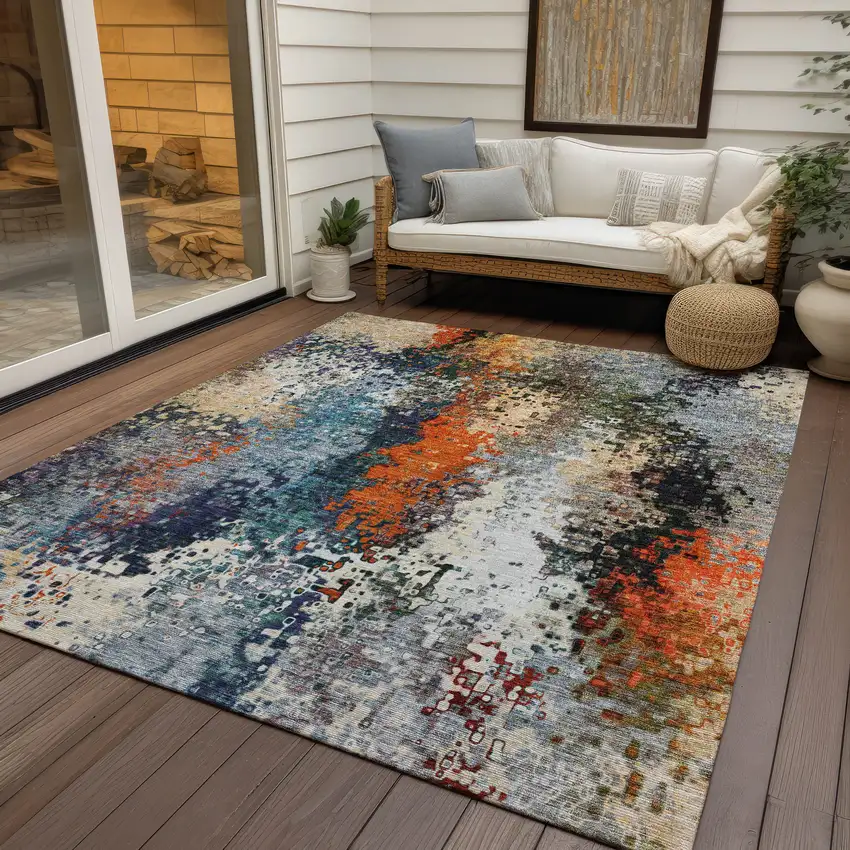Blue Orange And Ivory Abstract Washable Indoor Outdoor Area Rug Photo 9