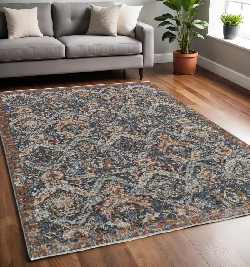 Blue and Orange Floral Power Loom Non Skid Area Rug With Fringe Photo 1