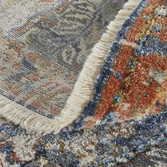 Ivory Blue And Burnt Orange Floral Area Rug With Fringe Photo 8