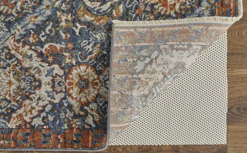 Blue Orange And Ivory Floral Power Loom Area Rug With Fringe Photo 3