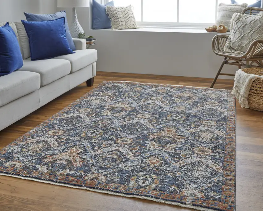Blue Orange And Ivory Floral Power Loom Area Rug With Fringe Photo 5