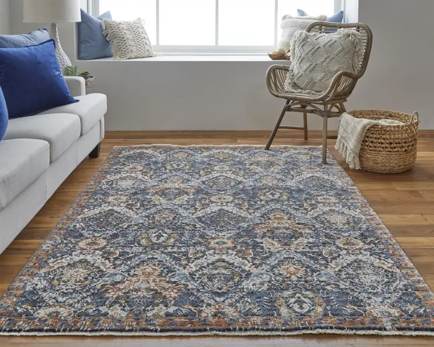Blue Orange And Ivory Floral Power Loom Area Rug With Fringe Photo 6