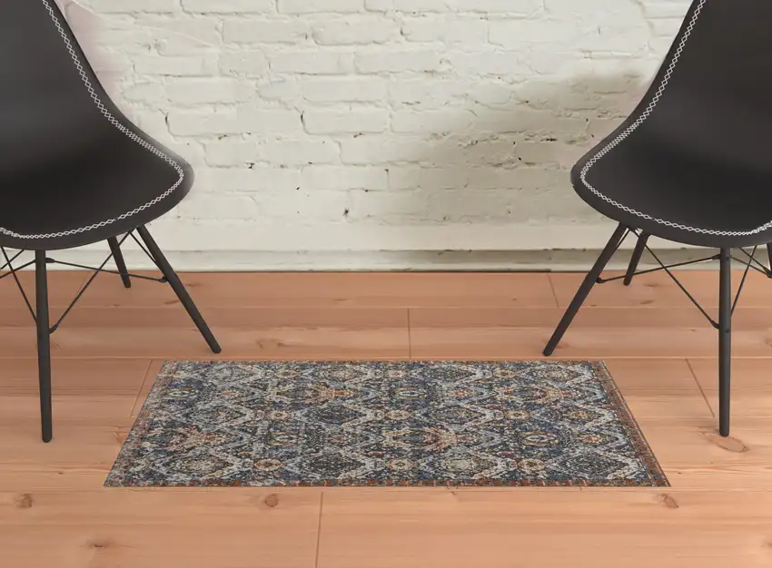 Blue Orange And Ivory Floral Power Loom Area Rug With Fringe Photo 2