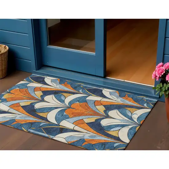Blue Orange And Ivory Geometric Washable Indoor Outdoor Area Rug Photo 2