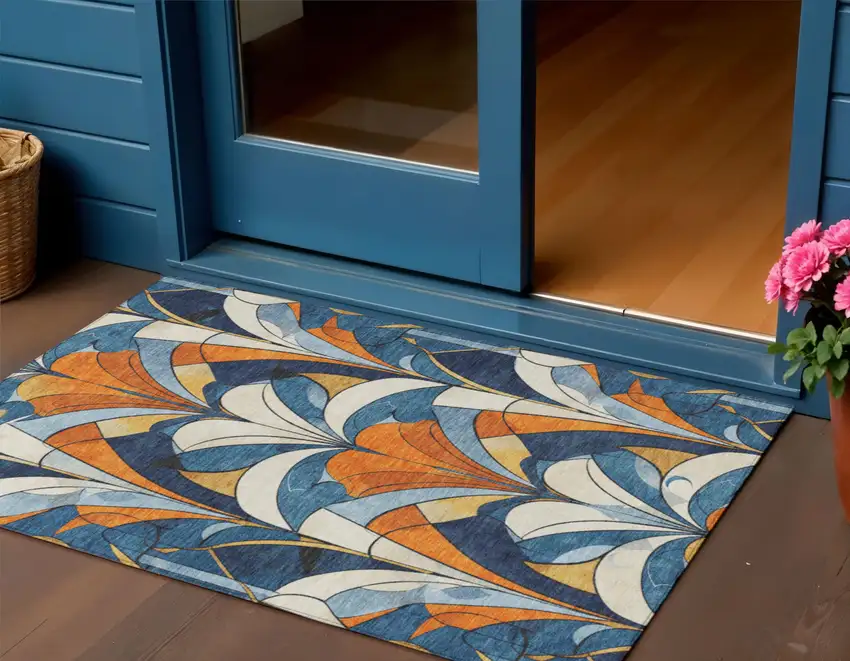 Blue Orange And Ivory Geometric Washable Indoor Outdoor Area Rug Photo 2