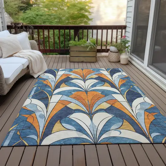 Blue Orange And Ivory Geometric Washable Indoor Outdoor Area Rug Photo 7