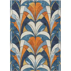 Photo of Blue Orange And Ivory Geometric Washable Indoor Outdoor Area Rug