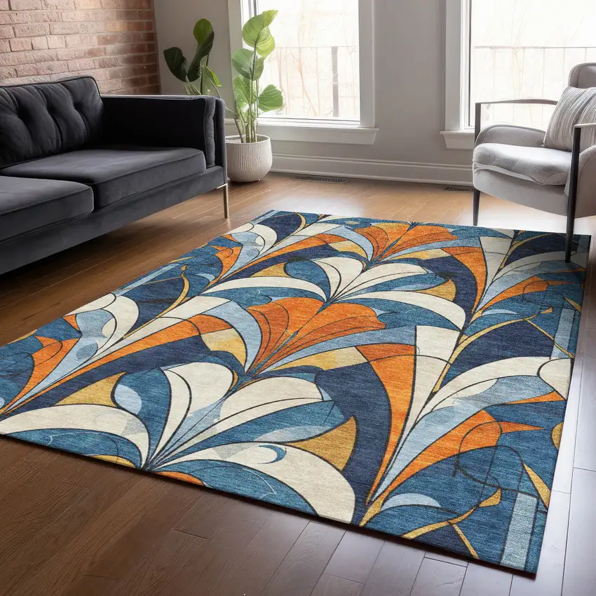 Blue Orange And Ivory Geometric Washable Indoor Outdoor Area Rug Photo 8