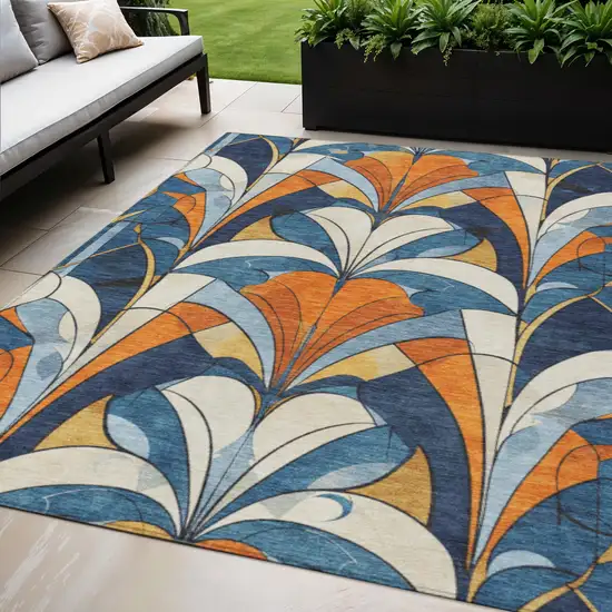 Blue Orange And Ivory Geometric Washable Indoor Outdoor Area Rug Photo 2