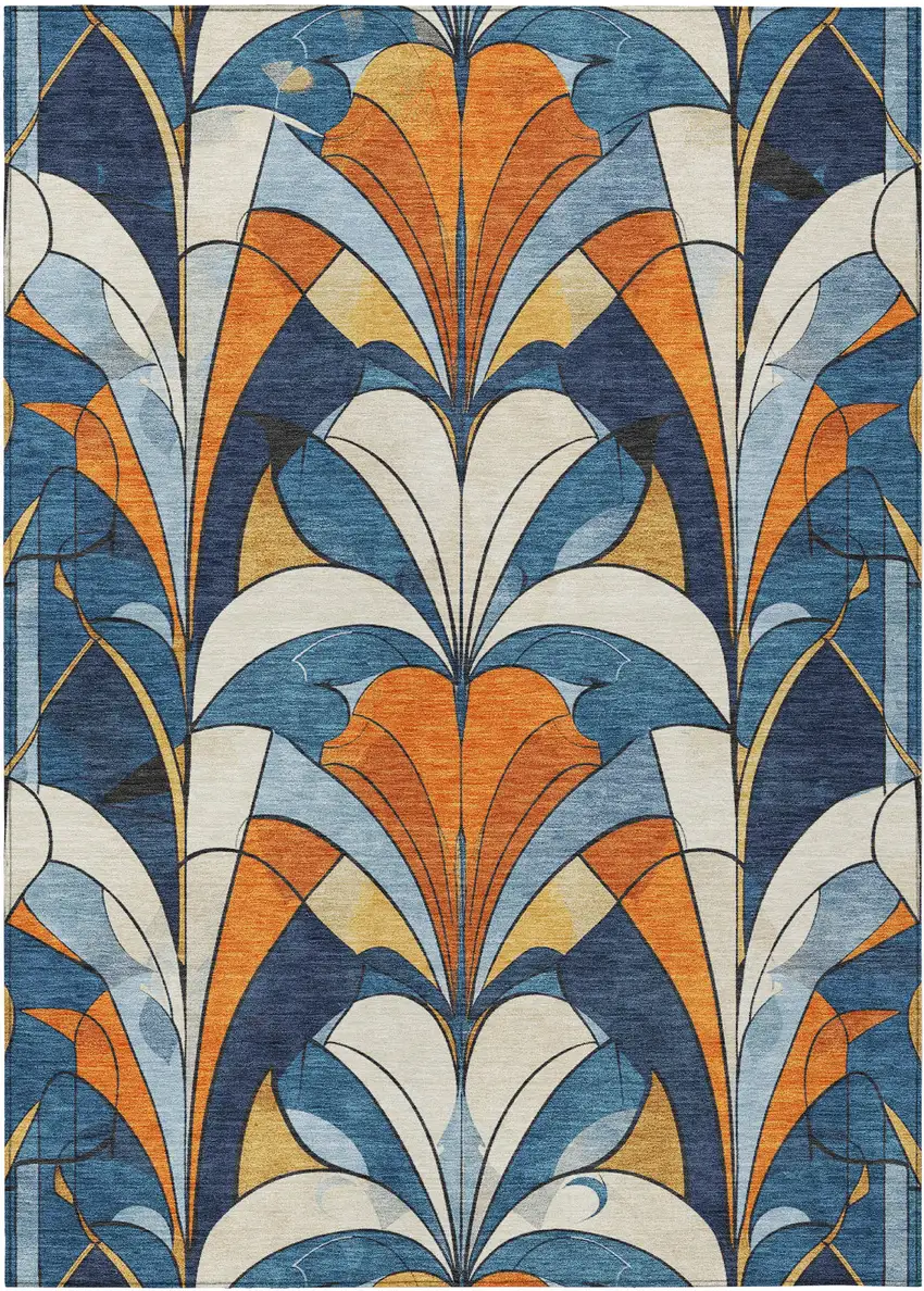 Blue Orange And Ivory Geometric Washable Indoor Outdoor Area Rug Photo 1