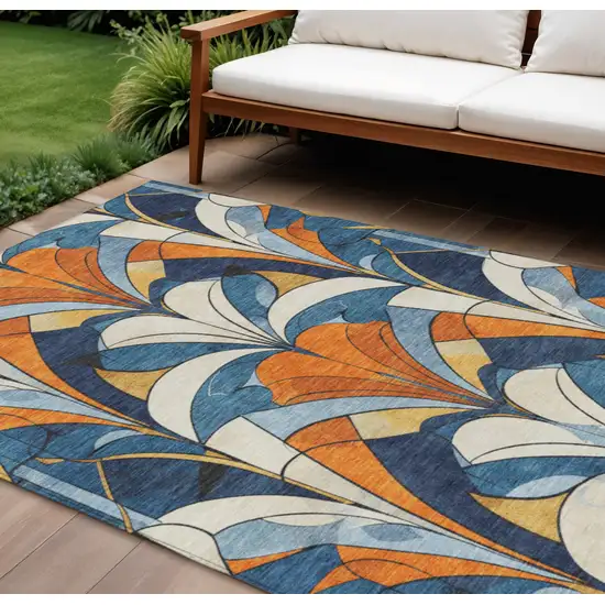 Blue Orange And Ivory Geometric Washable Indoor Outdoor Area Rug Photo 2