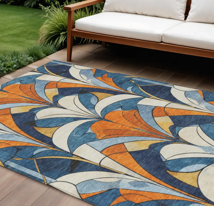 Blue Orange And Ivory Geometric Washable Indoor Outdoor Area Rug Photo 2