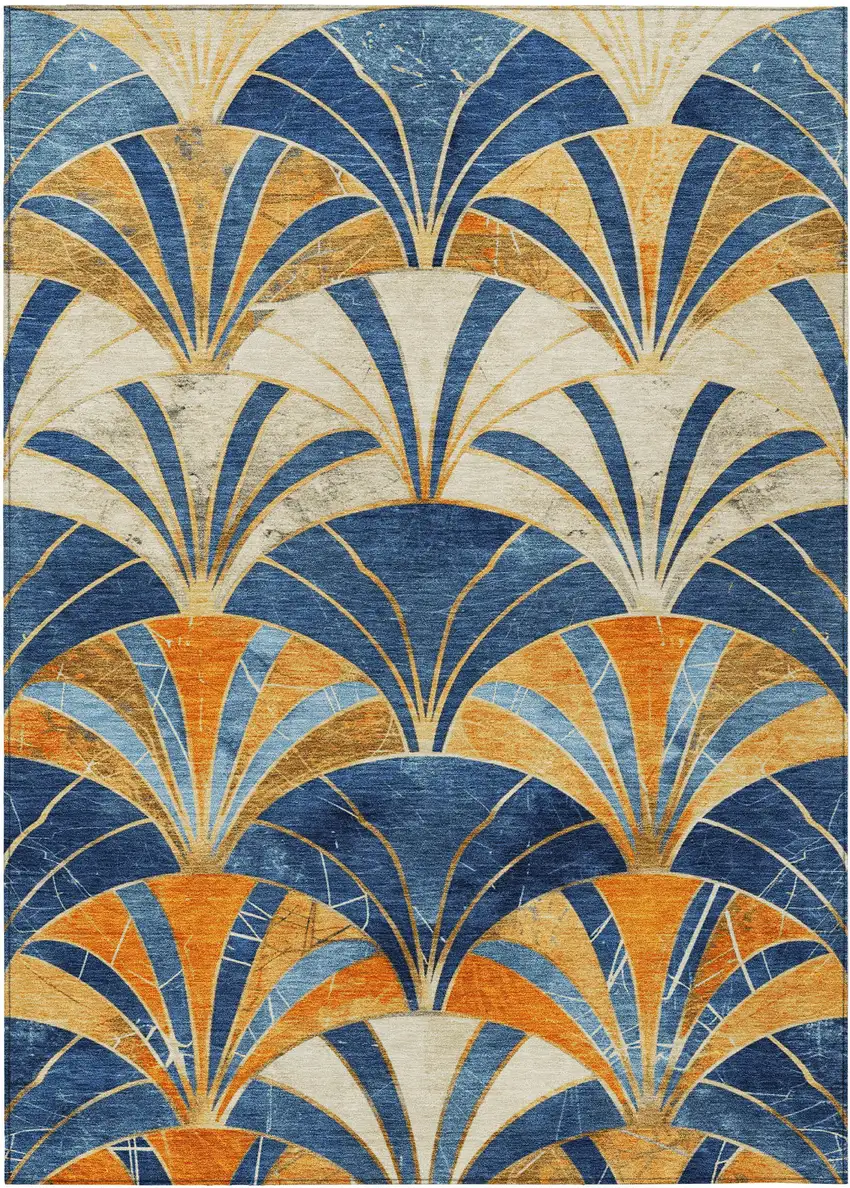 Blue Orange And Ivory Geometric Washable Indoor Outdoor Area Rug Photo 1